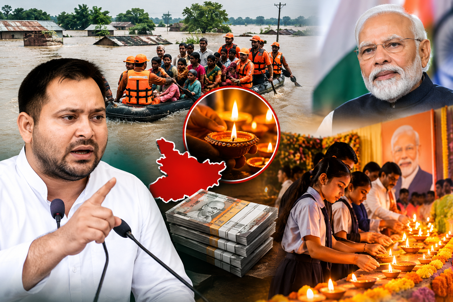 बाढ़ में डूबा बिहार, दीयों पर सियासत! तेजस्वी का ‘100 करोड़’ वाला वार, सरकार से पूछा- राहत जरूरी या जश्न?